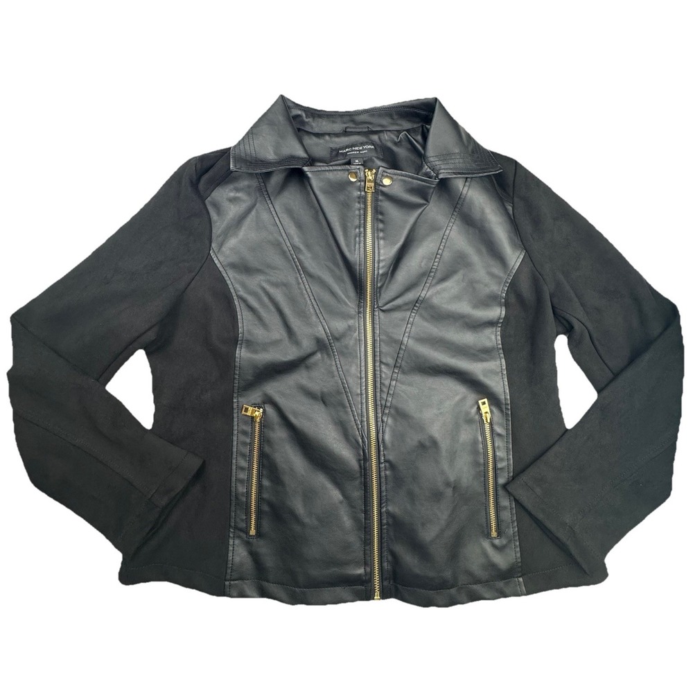 Marc New York‎ Women Jacket XL Faux Leather Moto Edgy Mixed Media Black Zip Up